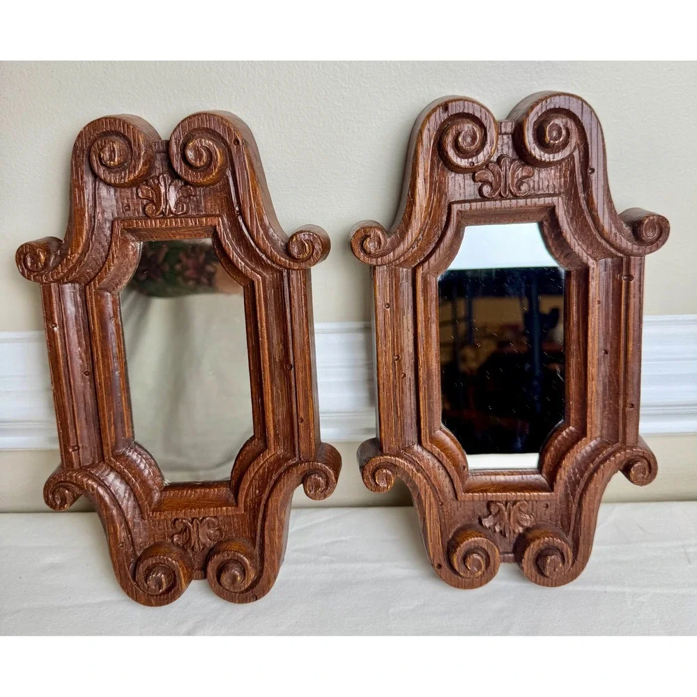 Vintage Faux Wood Wall Mirrors Set Brown Scrollwork Farmhouse Cotagecore Gallery